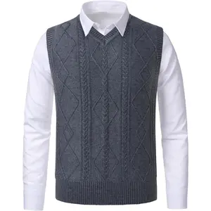 Men's Argyle Sweater Vest Classic V-Neck Knitwear Sleeveless Pullover Warm Cable Knitted Tank Top