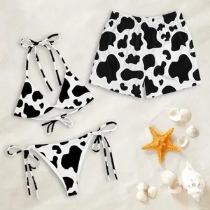 Cow Print Matching Couple Swimwear Set, Trendy Black White String Bikini & Mesh Swim Trunks, Perfect Gift for Beach Lovers Matching Couple Swimwear Set
