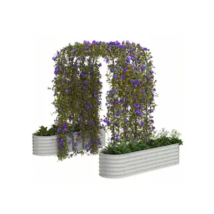 Beige - Galvanized Steel Raised Garden Bed Kit With 89" Rust-Proofs Trellis Arch - 2 In 1 Vertical Gardening System For Climbing Plants & Flowers | Heavys-Duty Outdoor Planter Box Tool-Free Assembly(Beige)