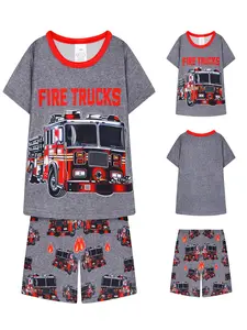 Kids Short Sleeve Pajama Set, Fire Truck Print, Cartoon Print Sleepwear, Soft and Comfortable, Suitable for Ages 2-12, Casual Fitted Sleepwear