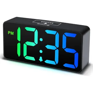 Small Digital  Clocks for Bedrooms - RGB Electric  Clock for  Bedside Nightstand, Desk Clock with Large Numbers, Dimmer, Adjustable  Volume, USB Port, USB-C Adapter