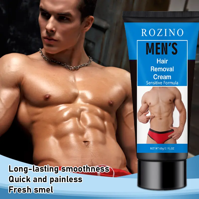 ROZINO Men's Gentle Hair Removal Cream 60g with Mild Sensitive Skin Formula, Quickly & Painlessly Removes Body Hair for Chest, Leg, Underarm, Face & Private Parts, Leaves Skin Smooth Long Lastingly