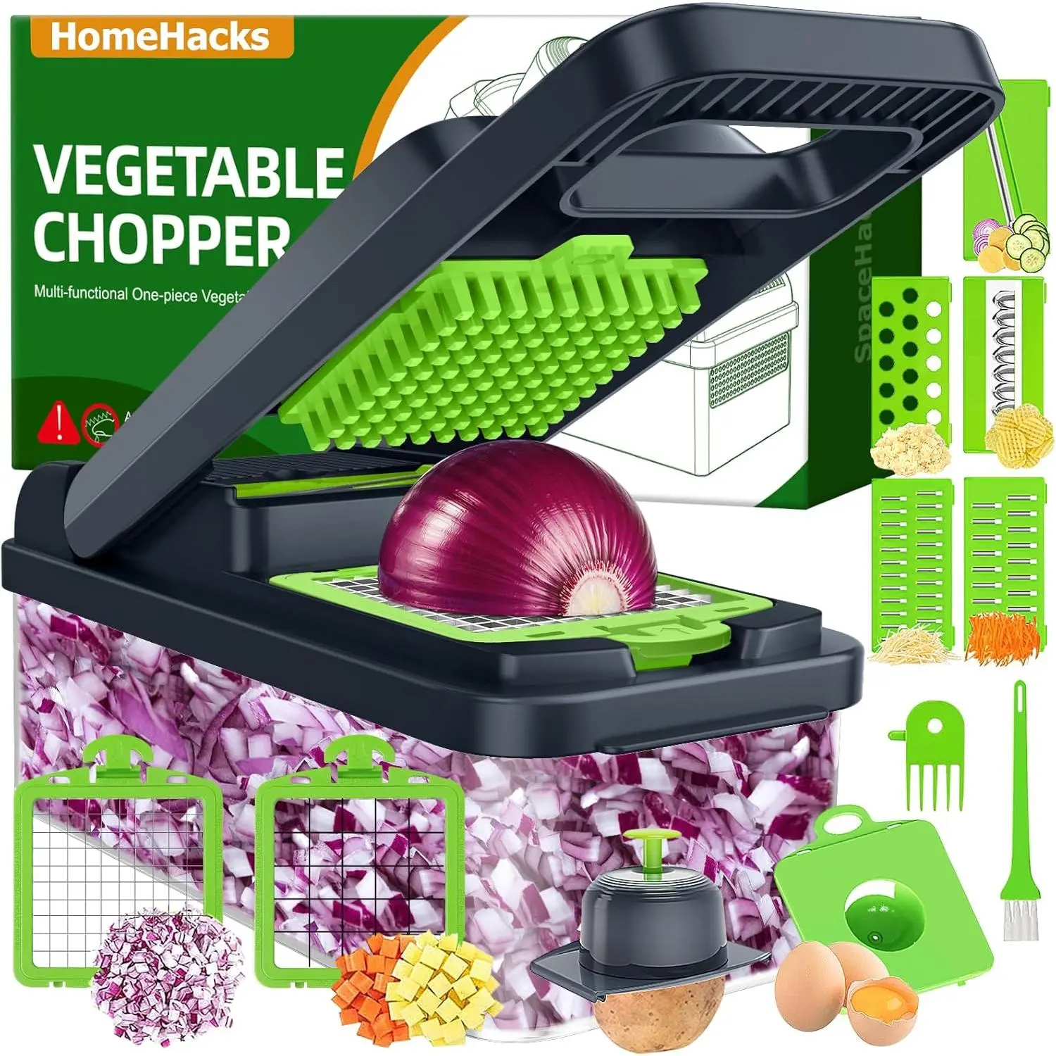 12-in-1 Home Kitchen Utensils Vegetable Chopper - Dicer, Slicer, Onion Cutter, Salad Prep Tool, Cheese Grater, Egg Separator with Handle Lid (Green), Multi-Functional