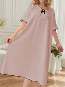 Women's Colorblock Bow Decor Nightdress, Casual Soft Comfortable Short Sleeve Nightgown for Summer, Ladies Sleepwear for Indoor Wear