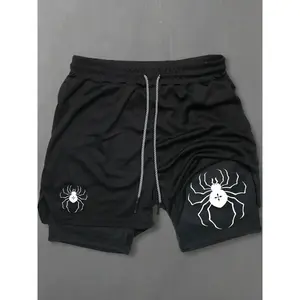 Men's spider print 2-in-1 drawstring waist sports shorts, casual sports regular fit quick drying breathable underwearRAIMENTRY