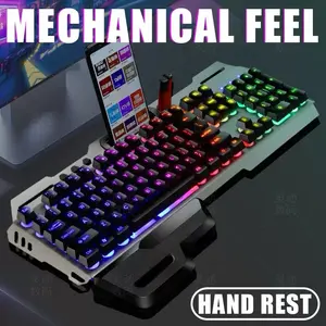 GT700 HOVER COOL GAME KEYBOARD MOUSE القال Esports Eat Chicken Version Black/Silver Plating Game Mouse 6D Game Mouse/Cool Breathing Lamp Chicken Eating Game Character/Gap Glitter Suspension Key Cap/iron Ash Thickened Panel/ Removable Hand Support