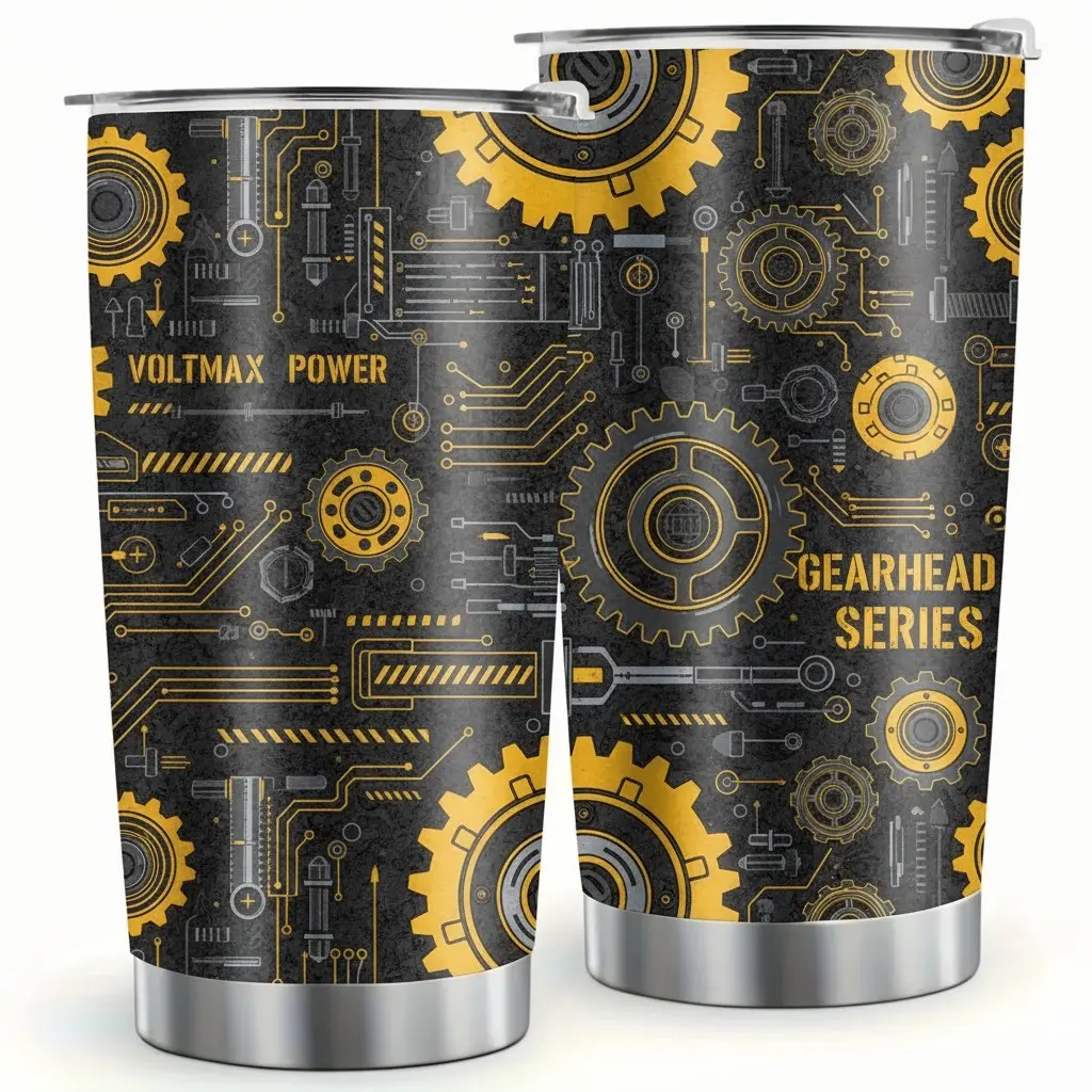 Vintage Circuit & Mechanical Gear "Voltmax Power Gearhead Series" 20oz Stainless Steel Tumbler - Unique Novelty Gift for Mechanical Engineer, Electrician, Tech Nerd, DIY Hobbyist & Workshop Handyman - Portable Travel Mug