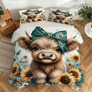 2/3Pcs Healing Highland Cow Print Duvet Cover Set. High-Definition Digital Printing for Vibrant Colors, Durable and Washable Fabric, Resistant to Deformation and Easy To Care for. Bedroom, Guesthouse, Apartment Bedding Sets