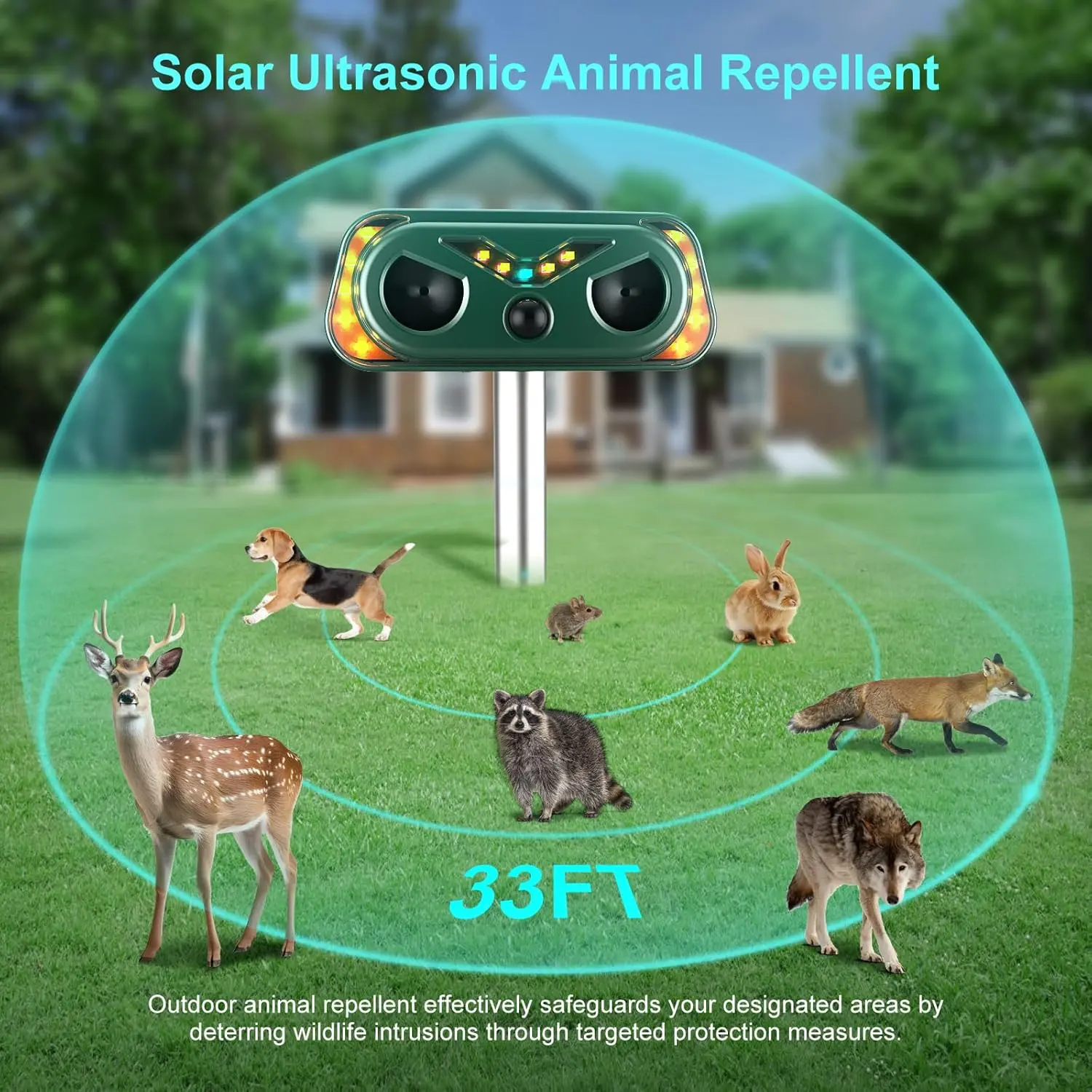 Solar Powered Animal Repeller Outdoor with Flashing Lights & Motion Sensor, Upgraded Waterproof Animal Deterrent Devices for Deer, Cat, Squirrel, Rabbit, Raccoon, Skunk Repellent for Garden
