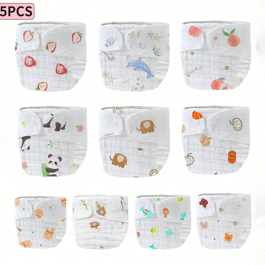 5pcs Baby Washable Diaper Pants, Cute Cartoon Print Design, Breathable Leak-Proof Adjustable Underwear, Suitable for All Seasons, Xlarge Size, Diaper Training Pants