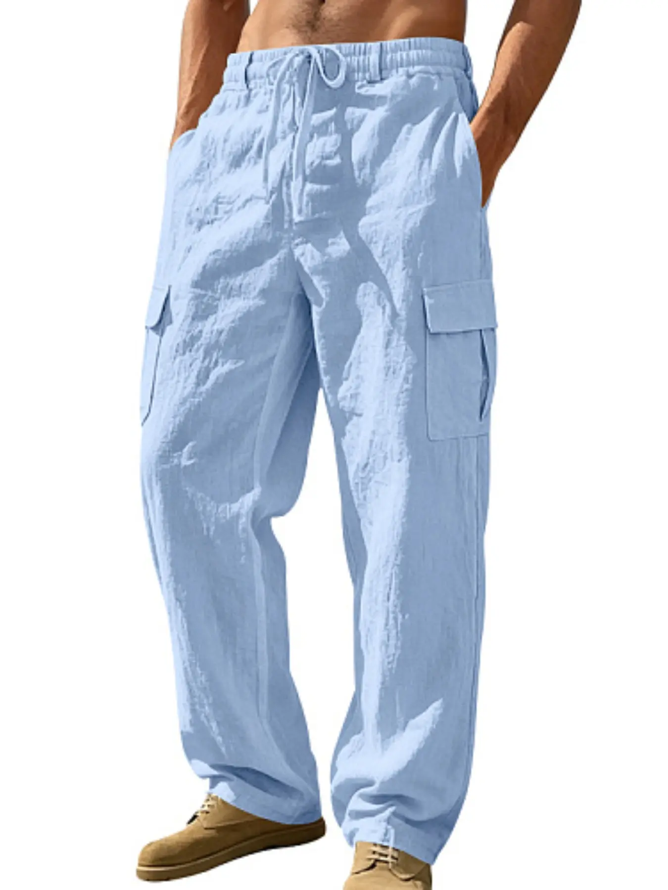 Men's Summer Lazy Wear Essential, Workwear Pants, Breathable Ice Feel, Large Pockets, Elastic Waist, Comfortable for All Sizes