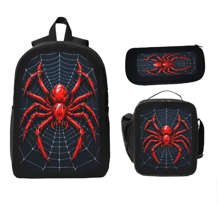 3pc Backpack Set featuring a spider and web print; a trendy, dark-style, high-capacity, and practical combination suitable for daily commuting or travel. Features a 2D flat-print graphic design.