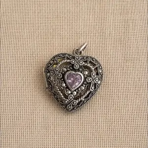 Sterling Silver See Thru Heart Locket with purple Stone and Marcasite