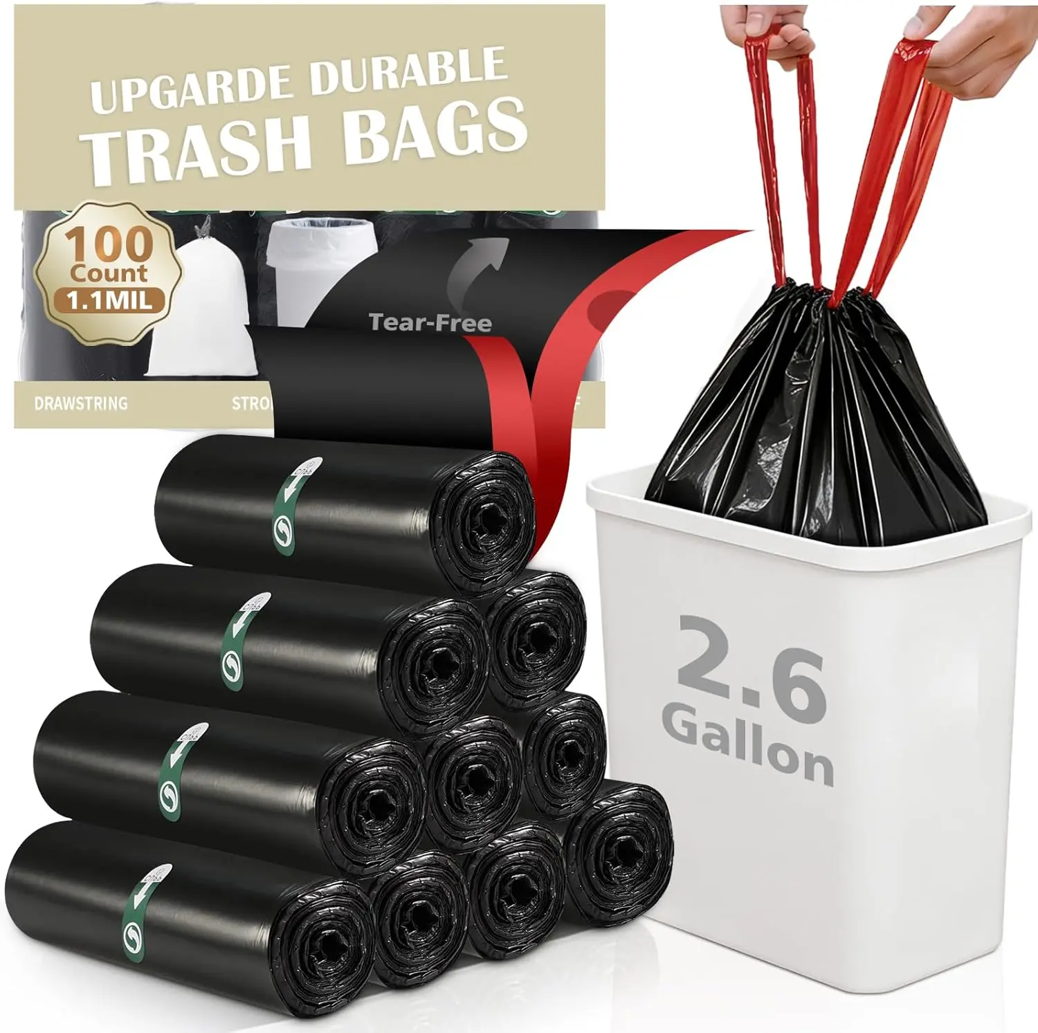2.6-Gallon Small Trash Bags, 100 Count Thick Drawstring Garbage Can Liners for Bathroom, Kitchen, Bedroom and Office, Black