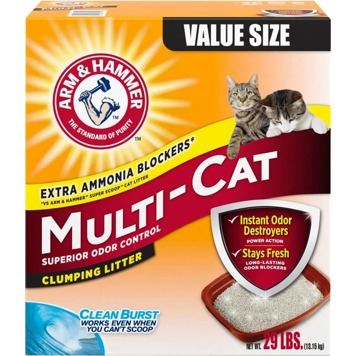 212 MAIN Arm & Hammer Unscented Multi-Cat Clumping Litter - 29 lbs Large Pack, Baking Soda Odor Control, Easy Scoop for Litter Trays, Litter Tray