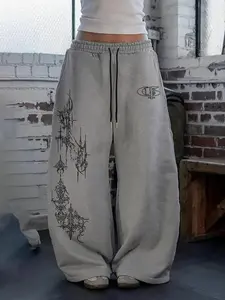 Women's Light Gray Wide-Leg Sweatpants | Intricate Black Gothic Graphic & Monogram Design, Edgy Streetwear Aesthetic Casual Lounge Pants | TikTok Trending Alternative Fashion for Bold Style Enthusiasts