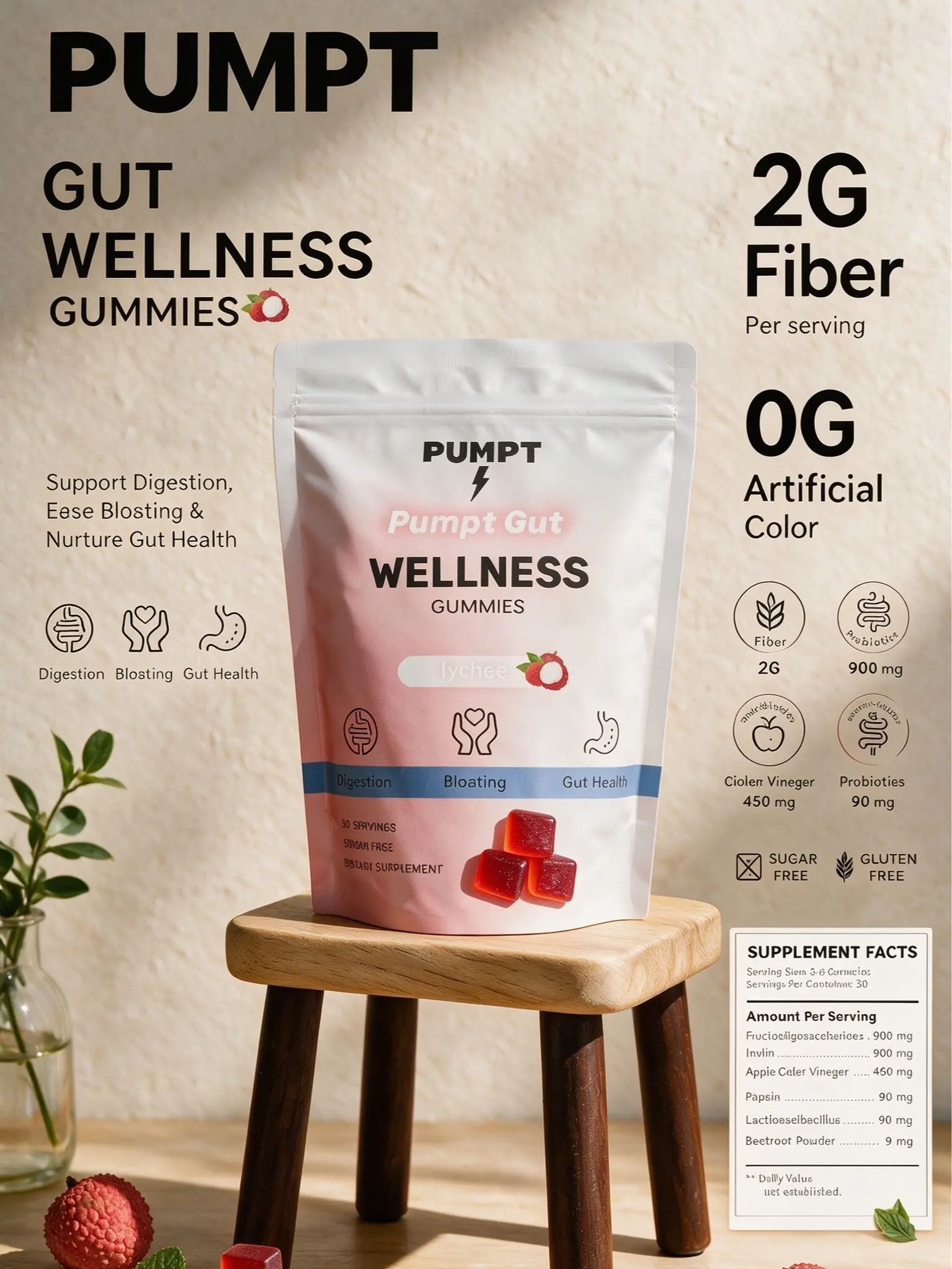 PUMPT Gut Wellness Gummies | Lychee Flavor | Sugar-Free Digestive Support, Bloating Relief & Gut Health for Adults | 30 Servings