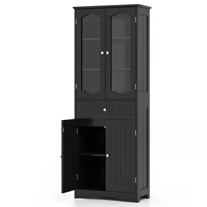 COSTWAY - 63 Inch Tall Bathroom Storage Cabinet with 2 Glass Doors and Adjustable Shelves-Black