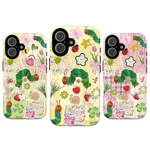 Cute Caterpillar Collage IPhone Case | Whimsical Pastel Floral Patchwork Design | Kawaii Fruit Snail Ladybug Art For iPhone 17 Pro Max 16 15 14 13 12 11 for Samsung S21 S22 S23 S24 S25 S26 IPhone Case | Tough Phone Case | gift for him for her | Best Gift