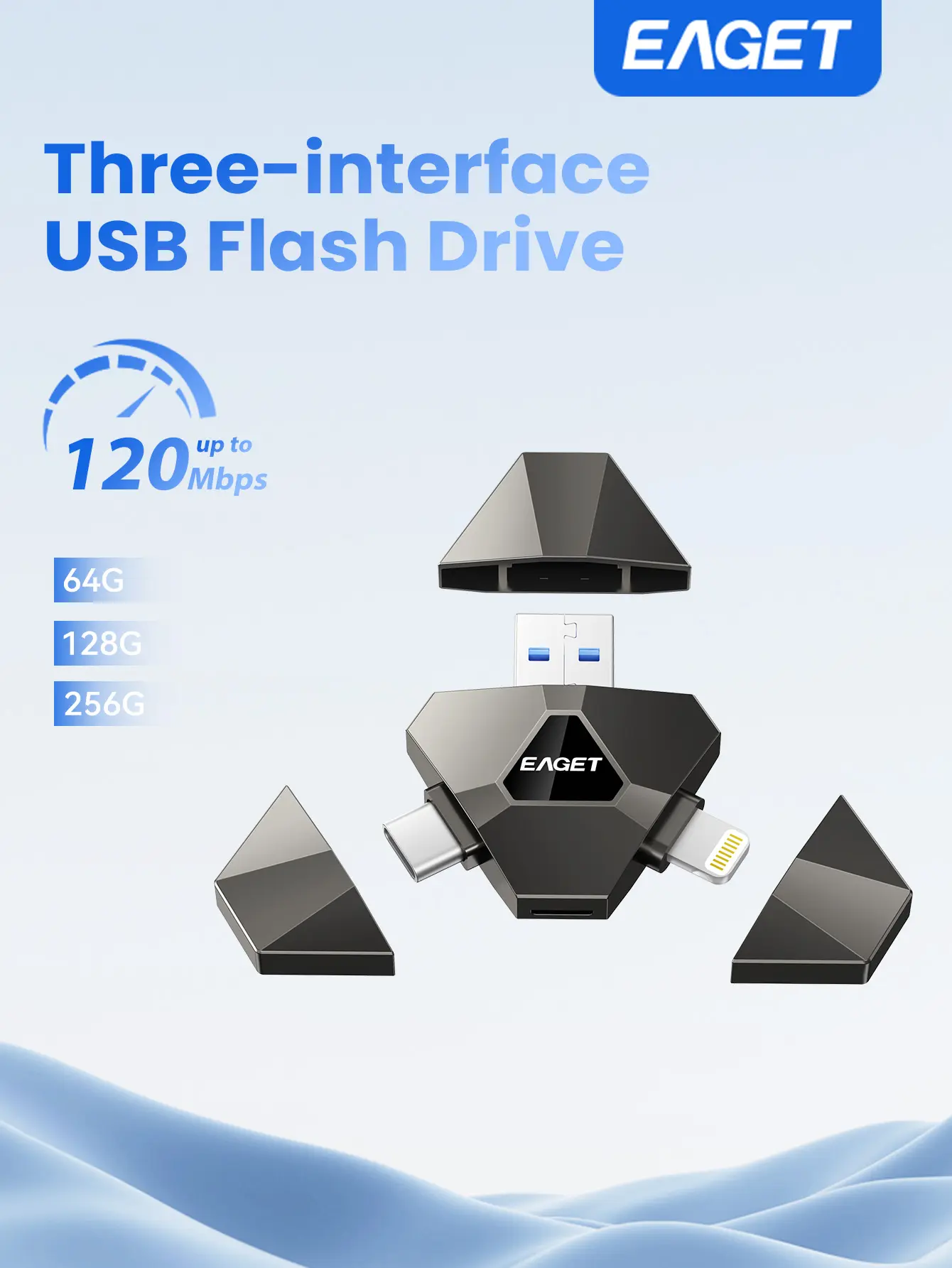 EAGET MFi-Certified 3-in-1 Flash Drive (256GB/128GB), Lightning-USB3.0-Type-C Stick for iPhone iPad Android PC, 80-120MB/s Fast Transfer, Plug & Play No App, 1-Click Photo Backup, Zinc Alloy Portable Storage, Black