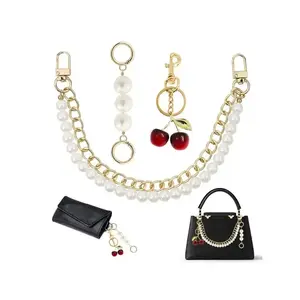 Pearl Chain Packed Charming Pearl and Cherry Keychain, Women Replaceable Expansion Chain