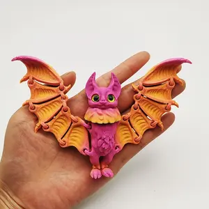 3D Printed Rainbow Bat Statue with Expressive Eyes and Cute Ears, Adjustable Joint Animal Sculpture for Desktop Decor, Halloween Gift