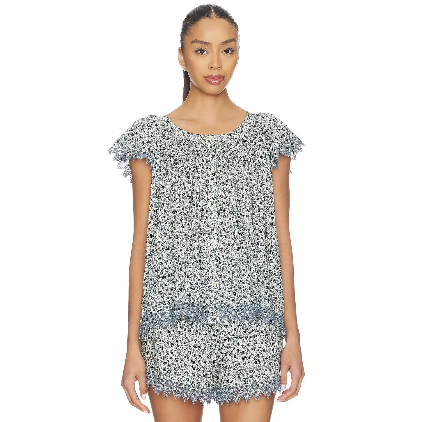 The Great The Flutter Sleeve Eyelet Top in Bluebell Ditsy