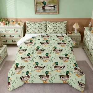 Cute Mallard Duck Bedding Set for Kids Hunting Fishing Wild Duck Comforter Set,Farm Animal Rustic Bedding Comforter Set,for Girls Boys Teens Bedroom Farmhouse Wildlife Quilt
