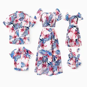 PatPat Tropical Floral Family Matching Outfits Pink Blue Leaf Print Short-sleeve Shirt or One Shoulder Smocked top and Skirt Co-ord Set for Vacation, Cruise, Beach