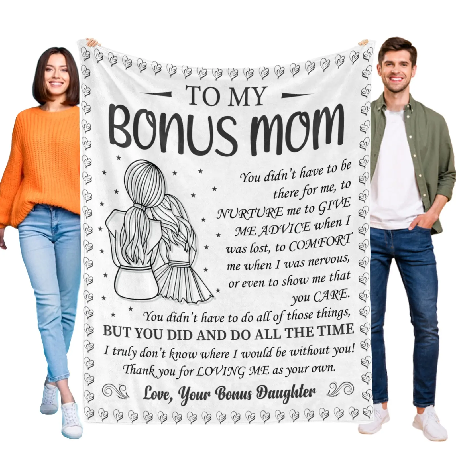 To My Bonus Mom Blanket from Daughter, Gift for Stepmom, Soft Flannel Throw Blanket with Heart Design & Grateful Quotes, Ideal for Home Decor