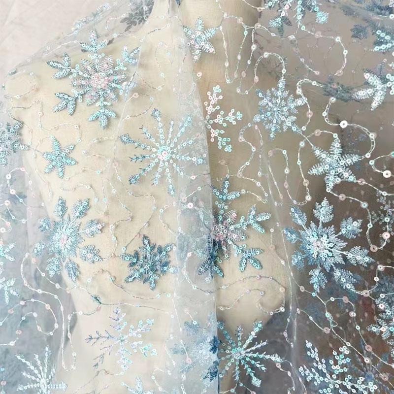 Blue Snowflake Sequin-Embroidered Polyester Sheer Mesh Fabric - Sheer Tulle Cloth for DIY Crafts, Wedding Dress Decoration, Modern