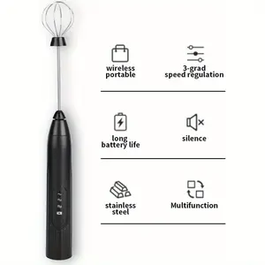 Rechargeable black handheld electric milk frother: detachable model + 2 stainless steel egg beaters, easy to make latte, cappuccino, matcha and milk froth
