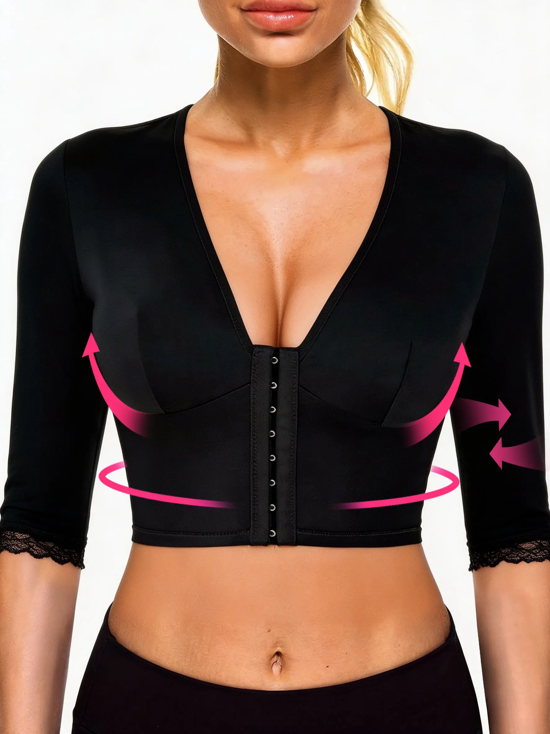 Arm Shaper for Women, Arm Compression Bra, Post Surgery Compression 3/4 Sleeves with Lace Arm Front Closure Shapewear Bra Hook Closure Black Shapewear Activewear