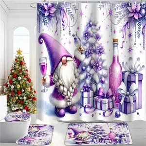 1/4 PCS Christmas Dwarf Shower Curtain Set with Non-Slip Rug, Gingerbread Decorations, Toilet Lid Cover and U-Shaped Mat, Winter Bathroom Decoration
