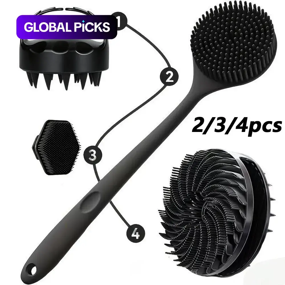 2-, 3- or 4-Piece Double-Sided Long-Handle Silicone Shower Brush Set, Face Brush, Body Brush and Hair Washing Brush, Body Care Tools for Exfoliating, Scalp Cleaning and Face Washing, Bathroom Supplies #GLOBAL PICKS