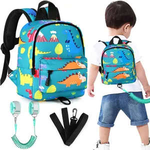 ST-15 Toddler Backpack Leash with Anti Lost Wrist Link, Cute Mini Child Walking Harnesses Keep Kids Close Back Pack Rope Tether Rein for Baby Boys (Turquoise/Dino)