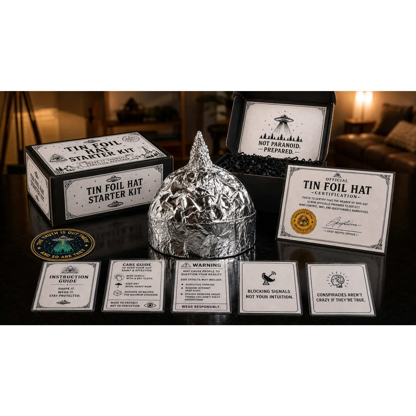 Adjustable Foldable Tin Foil Hat Starter Kit - Unisex Conspiracy-Themed Fashion Accessory with Boxes, Stickers, Expandable Design, Funny Coworker Gift for Office Gift Exchanges, Birthday Novelty (1 Kit)