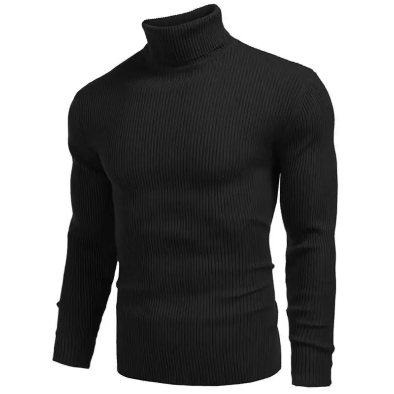 Men's Long Sleeve Pullover High Neck Turtleneck - Black Ribbed Knit Sweater for Casual Wear