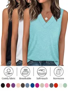 Women's Summer V-Neck Tank Top, Loose Fit Solid Color Elastic, Sleeveless Casual Backless Vest, Perfect for Daily Wear & Outdoor Activities