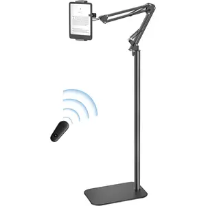 Floor Stand Kindle Holder with Remote Page Turner for Reading in Bed, Adjustable Tablet Mount with Clicker, Kindle Accessories Clicker Tablet Holder for Kindles Tablets iPhones 4.7-12.9 inch(Black)