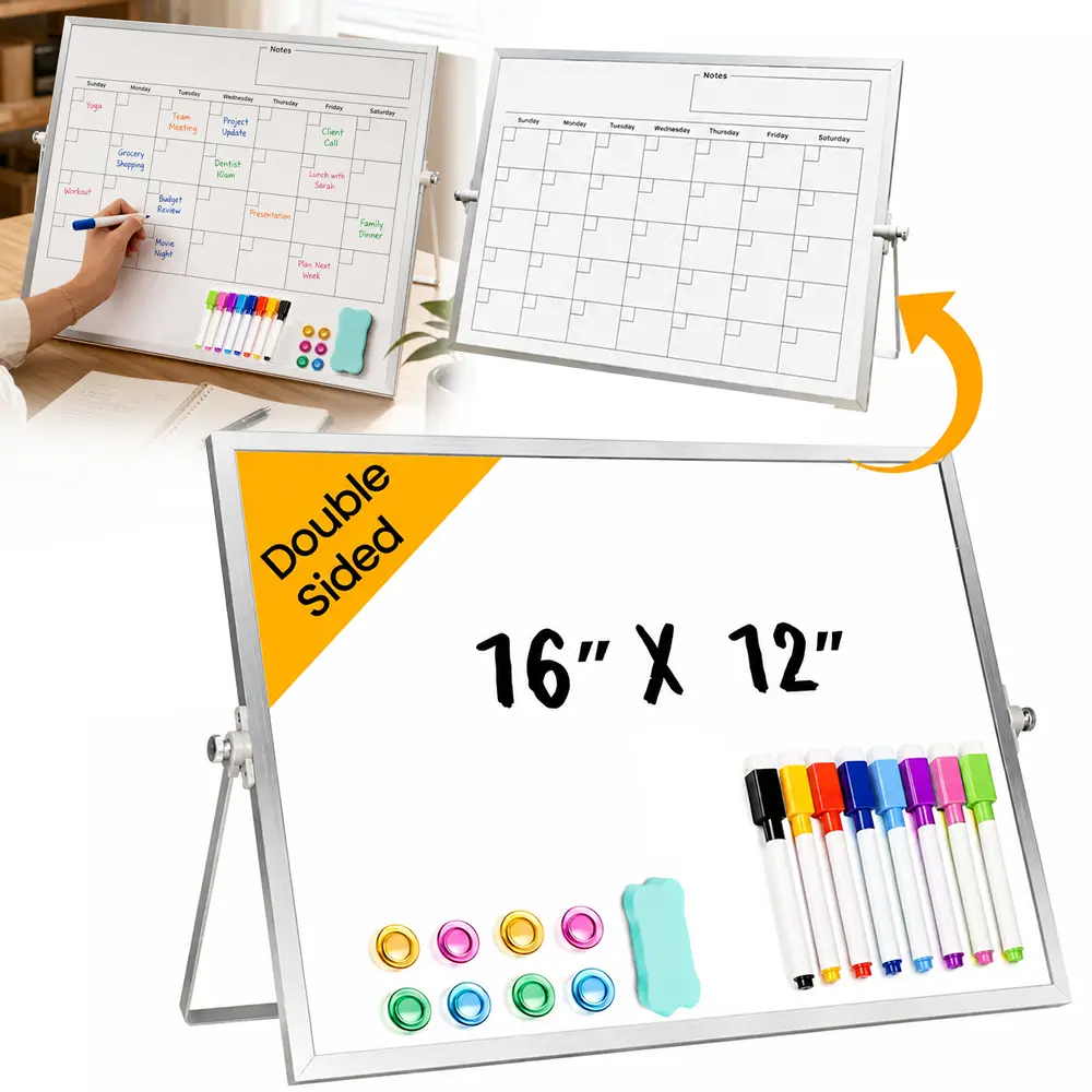 1Set Dry Erase Whiteboards,Desktop Whiteboard Calendar with Stand, Portable Double-Sided Whiteboard Easel for Memo, to Do List Desk, Home, Kitchen, Office