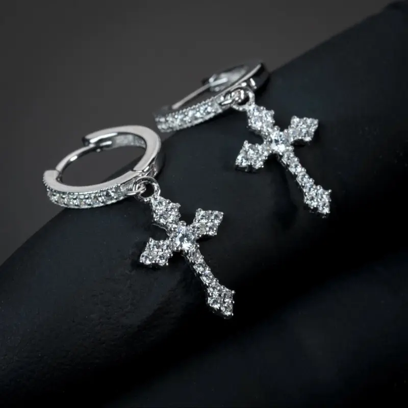 Iced 14K Gold Plated Men Dangle Hanging Cross Huggie Drop Hoop Earrings