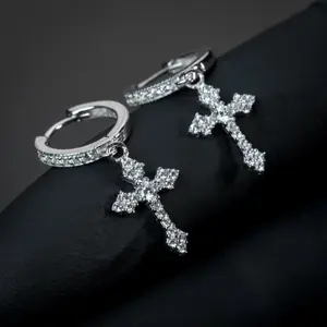 Iced 14K Gold Plated Men Dangle Hanging Cross Huggie Drop Hoop Earrings