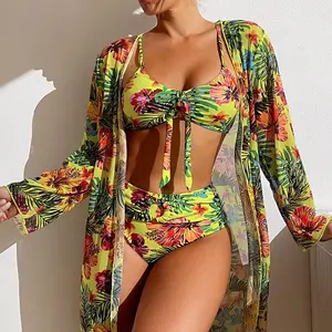 Bohemian Print Sexy Women'S Beach Bikinis Three Pieces Bikini Set Cover up Swimwear High Waisted Bikini Set Women Swimsuit 2025 MsChuh