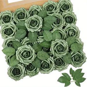 50pcs Roses + 8pcs Leaves Artificial Flowers Green Foam Rose Real Looking Fake Roses W/Stem for DIY Wedding Bouquets Centerpieces Arrangements Party Baby Shower Home Decorations