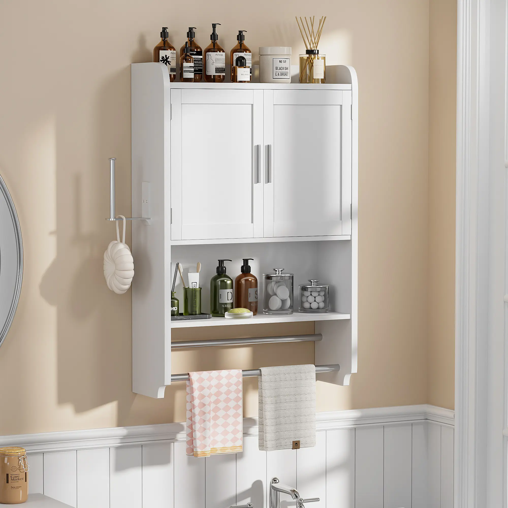 VECELO Bathroom Cabinet Wall Mounted, Over The Toilet Storage Cabinet With Adjustable Shelves And Towel Bar, Bathroom Medicine Cabinet For Bathroom, Laundry Room And Kitchen
