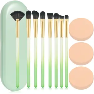 Eye Makeup Brush Set, 8 Pcs Update Synthetic Eyeshadow Brush Angled Eyebrow Brush Lip Brush with 3Pcs Powder Puffs and Green Case