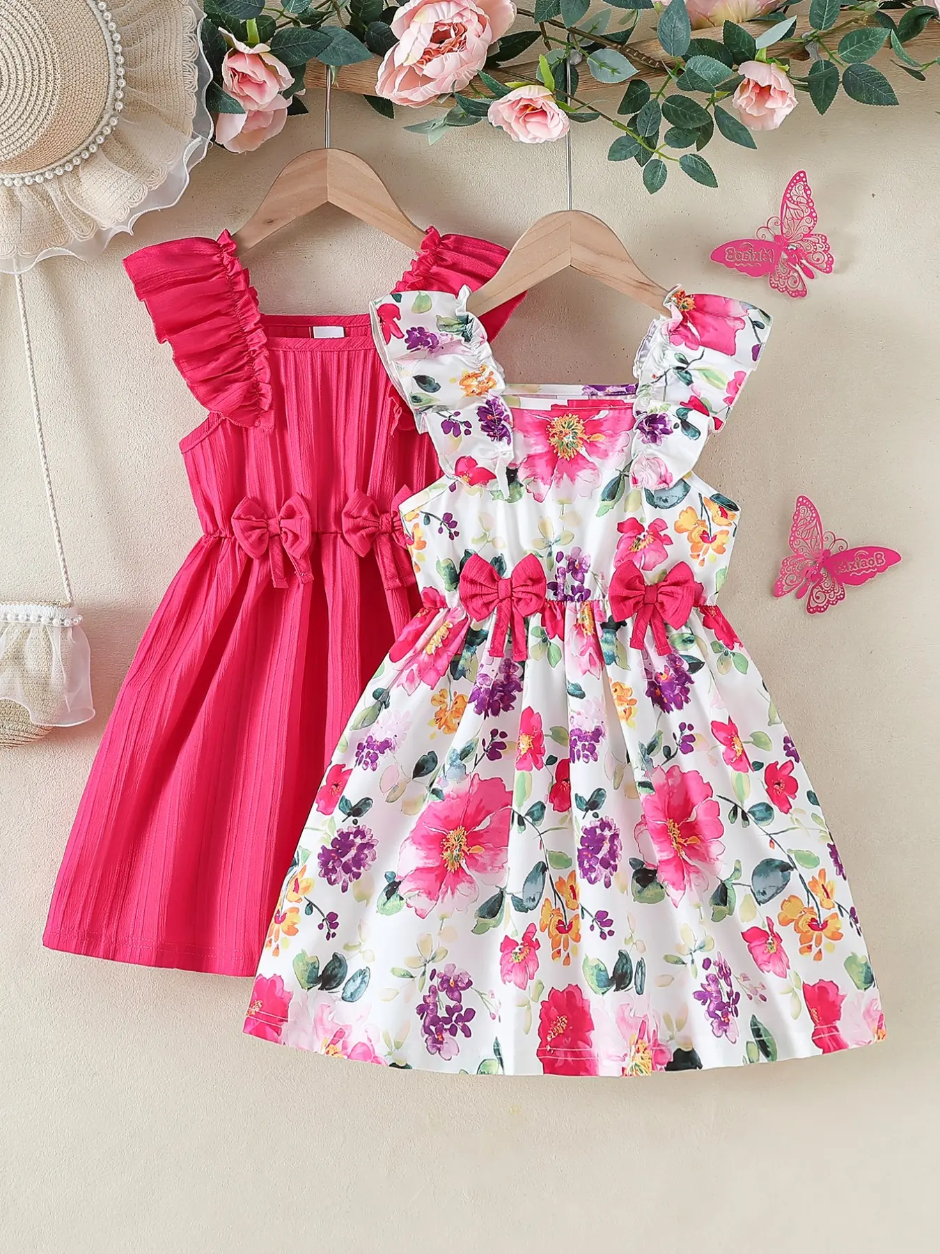 Summer Young Girls Simple Dress Set, Bubble Sleeve Floral Print, Bow Design, Casual Fashion Sweet Dress, Perfect for Vacation Outdoor Activities, Dresses For Summer, Printed Dress, Lovely Bow Dress