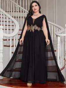 Elegant Plus Size Women's V-Neck Cape Long Sleeve Chiffon Formal Evening Dress, Waist Embroidery Prom Gown, Bridesmaid Party Dress Elegance