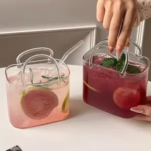 Reusable High Borosilicate Square Glass Cup with Straw, Reusable Glassware, Clear Cocktail Mug for Juice Smoothies Iced Coffee Tea, BPA Free Dishwasher Safe Aesthetic Drinkware, Stylish Drinkware, Straw Included, Perfect Holiday Gift